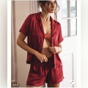BHLDN Red Satin Juniper Scalloped Short Pajama Set